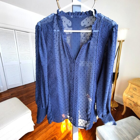 Sheer navy blue blouse with lace and ruffles detail - Picture 2 of 6